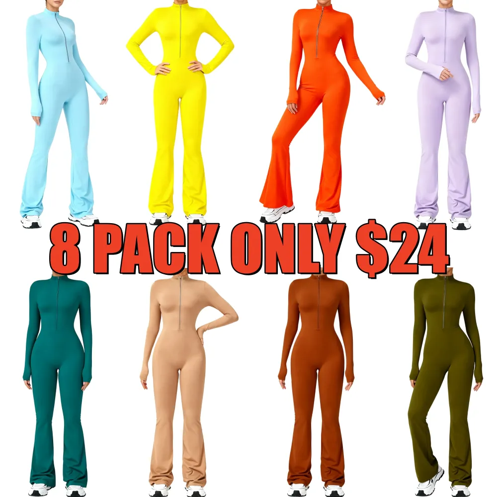 Women's Long Sleeve Flared Sports Jumpsuit - Zipper Jumpsuit