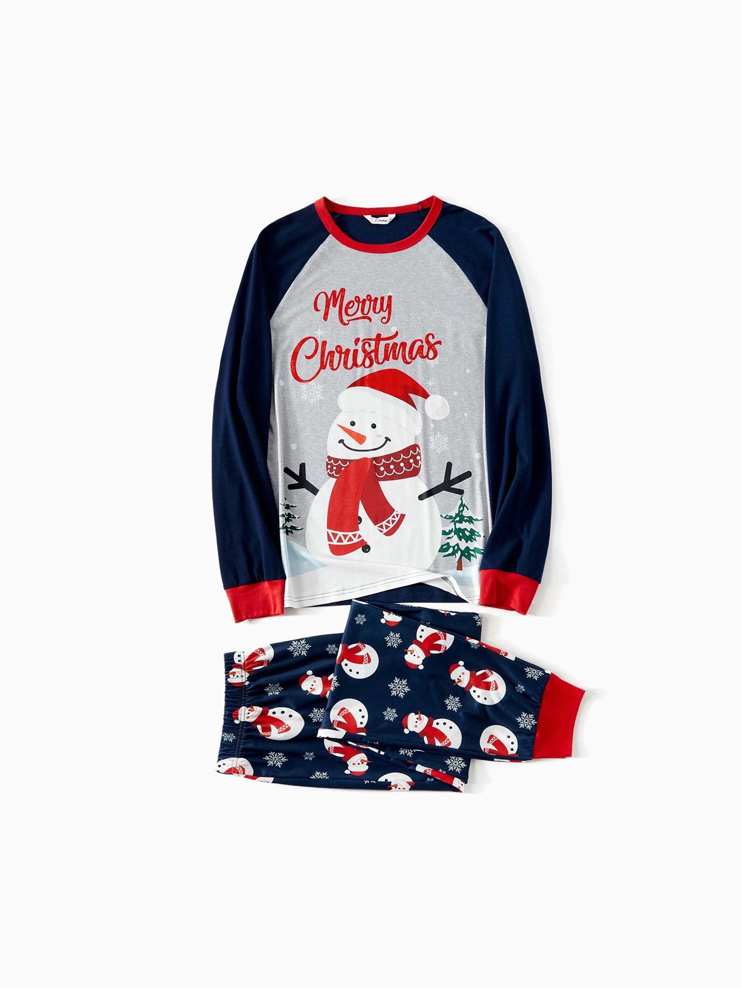 Christmas Snowman & Letter Print Family Matching Raglan-sleeve Pajamas Sets with Christmas Socks ColorBlock