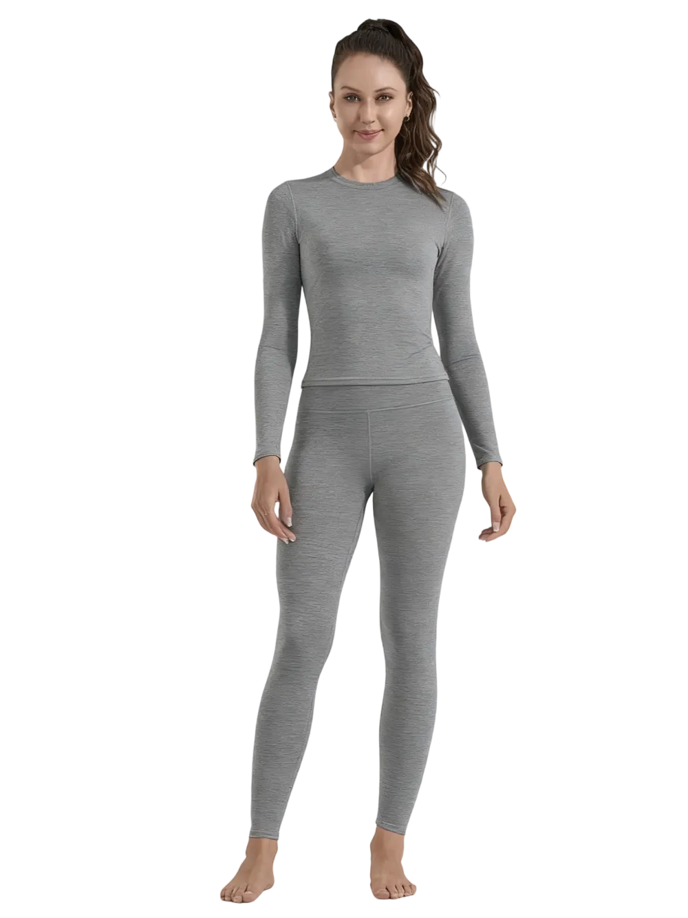 Women's Solid Long Sleeve Tee & High Waist Leggings Sportswear Set