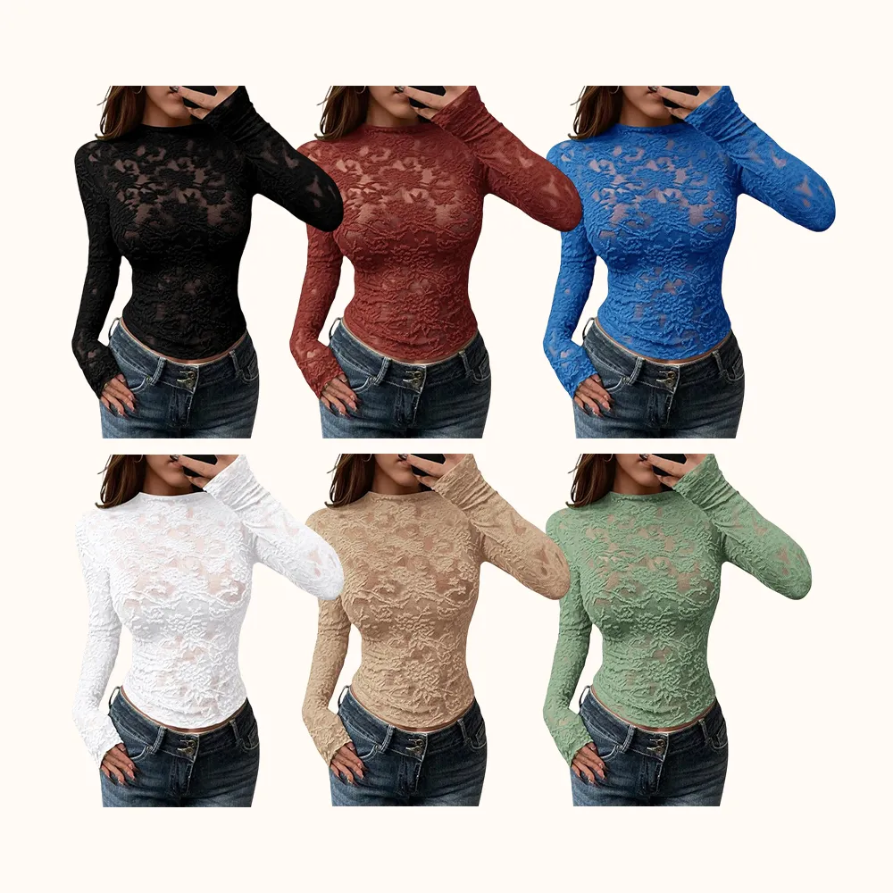 Mesh Long Sleeve Tops for Women Lace Sexy Sheer Tight See Through Crew Neck