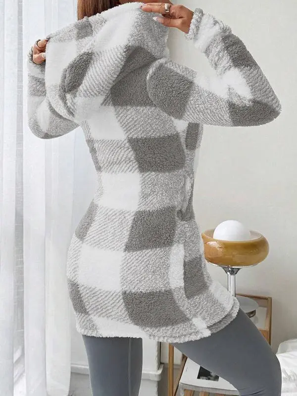 Women's Plaid Fleece Long Sleeve Hooded Coat