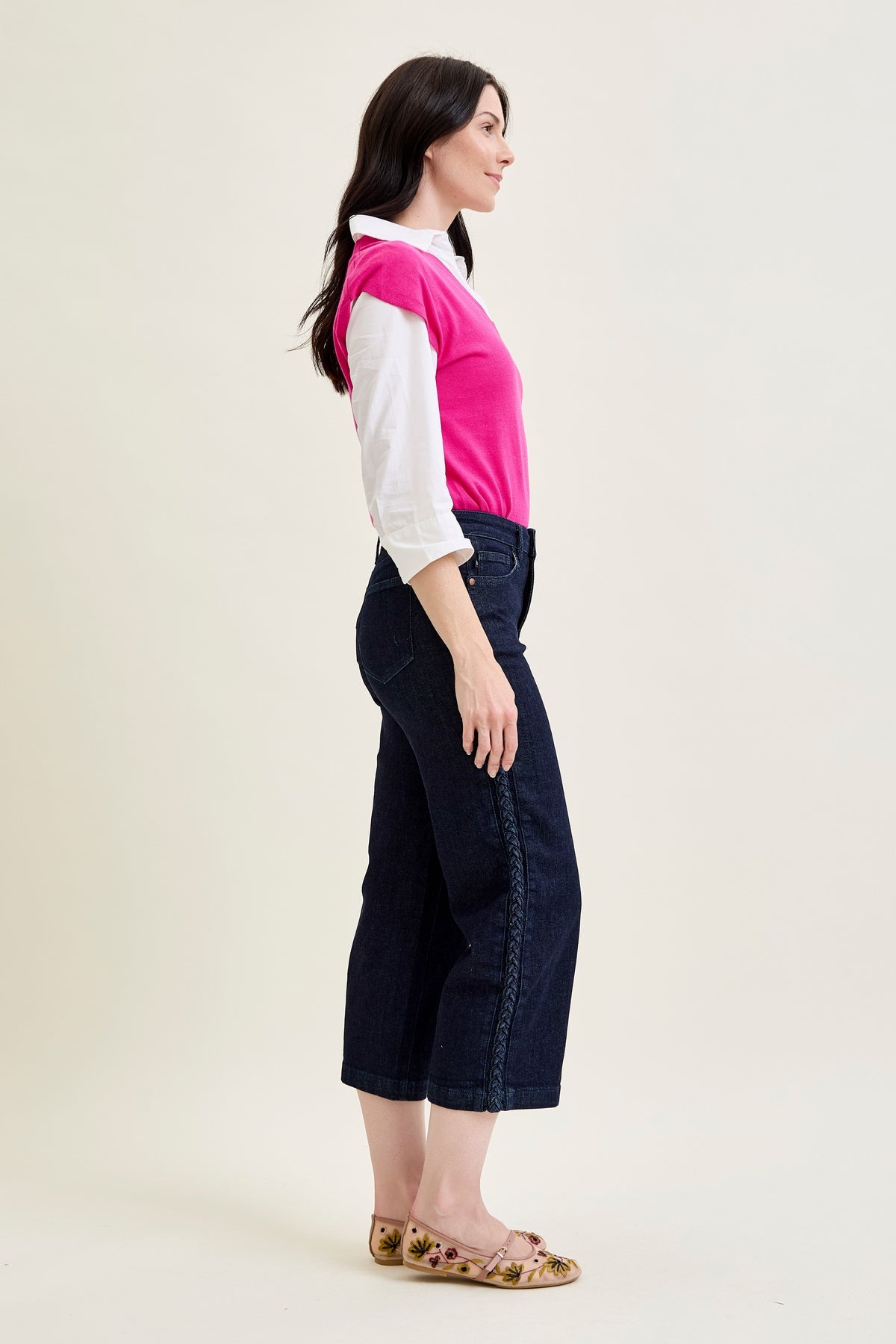 Dottie Side Seam Braid Cropped Wide Leg Jeans