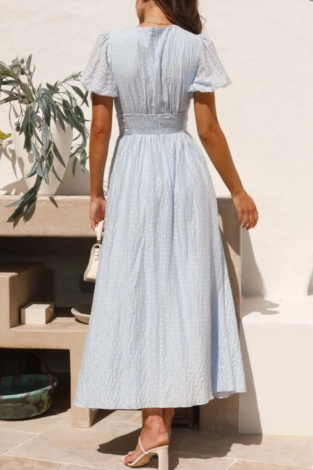 V-Neck Puff Short Sleeve Midi Dress