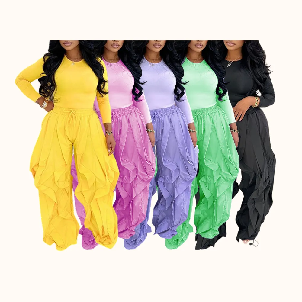 Women's Slim-Fitting Top & Wide-Leg Patchwork Ruffle Pants Set