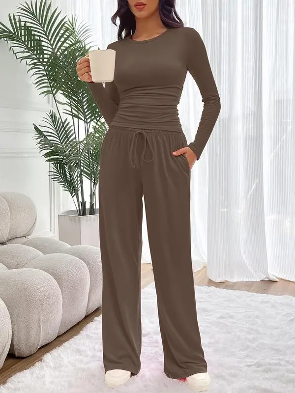 Women's Solid Ruched Drawstring Loungewear Set