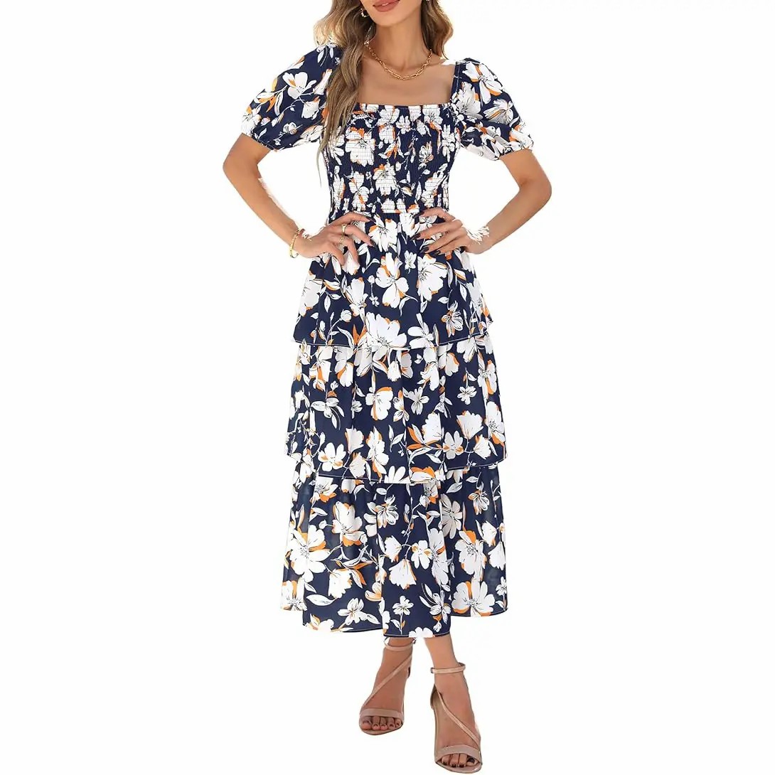Women's Square Neck Smocked Dress with Puff Short Sleeve Floral Casual Ruffle Tiered Wedding Guest Dress
