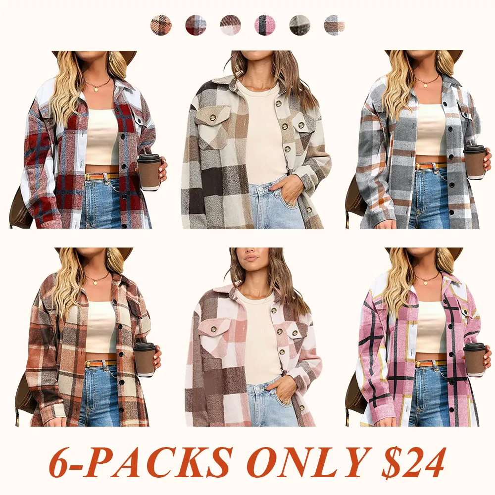 Womens Plus Size Shacket Jacket Flannel Plaid Long Sleeve