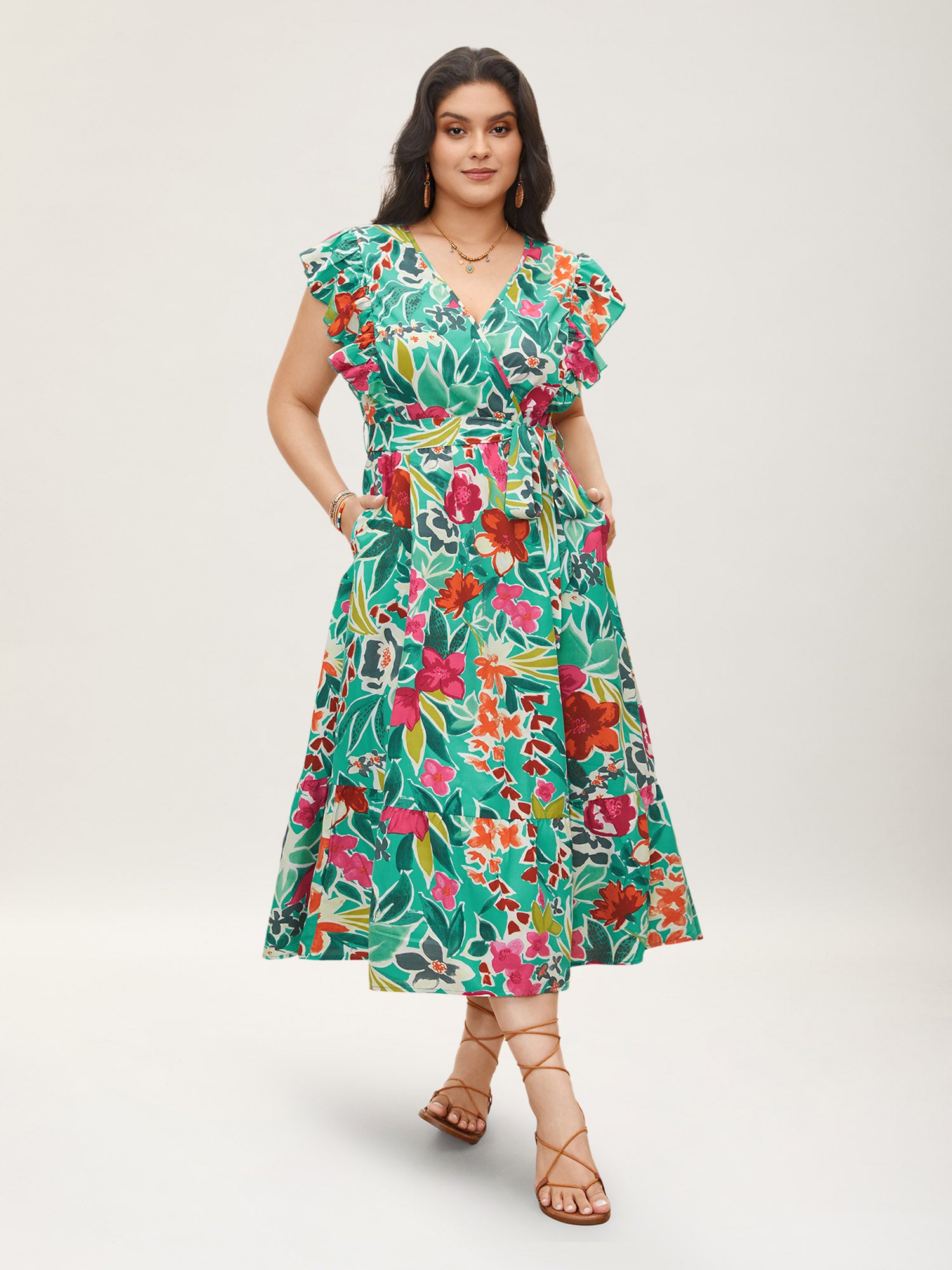 Floral Wrap Patchwork Ruffle Cap Sleeve Dress