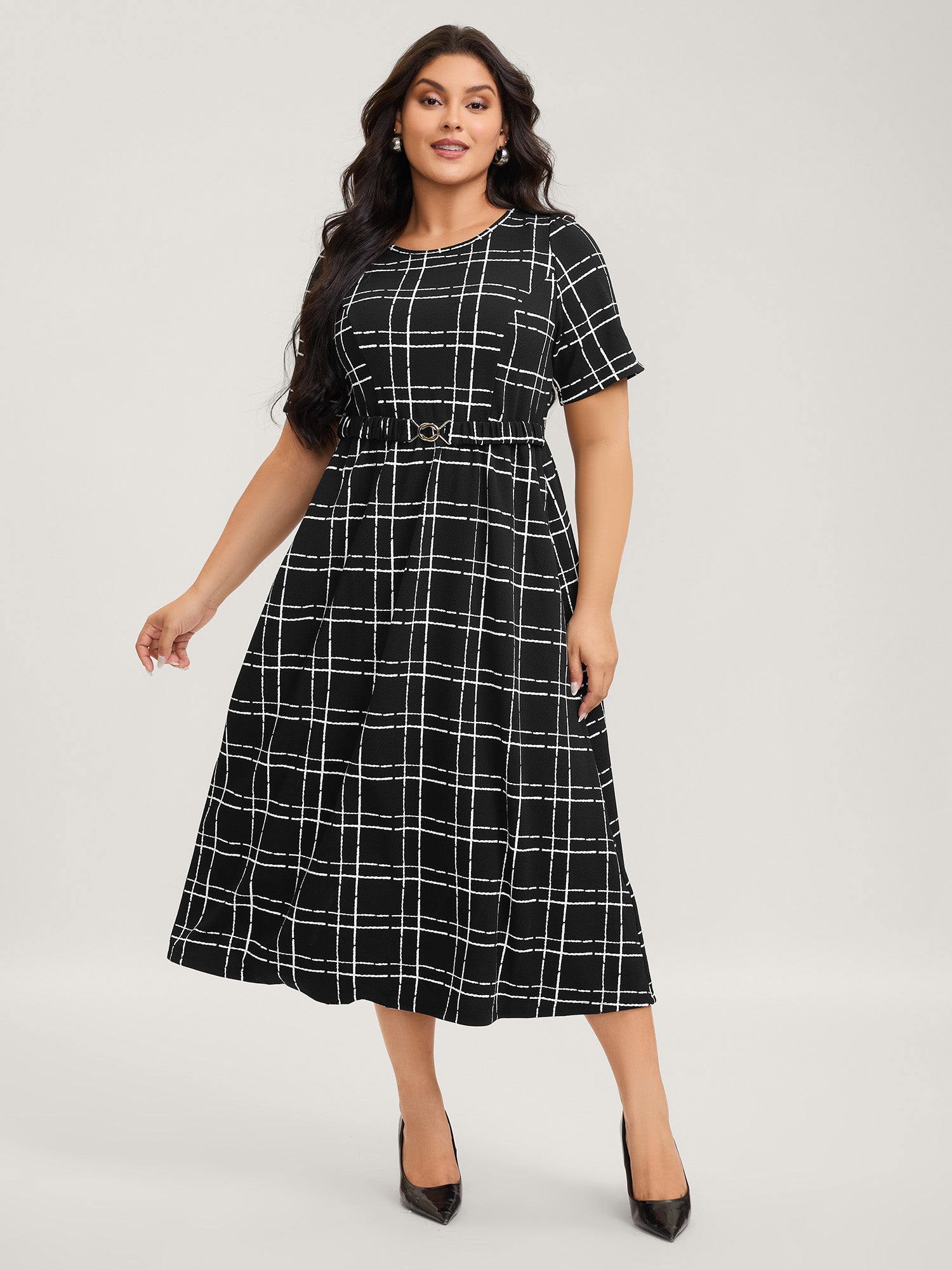 Grid Print Knit Belted Midi Dress