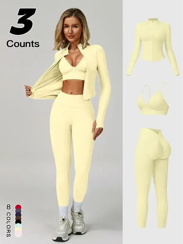 Women Quick-Dry Running Yoga 3-Piece Jacket Leggings Set