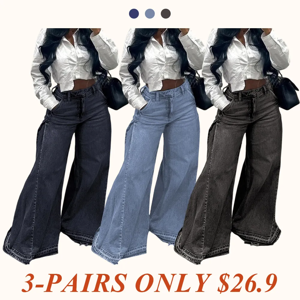 Women Flared Wide Side Loose Jeans High Waist