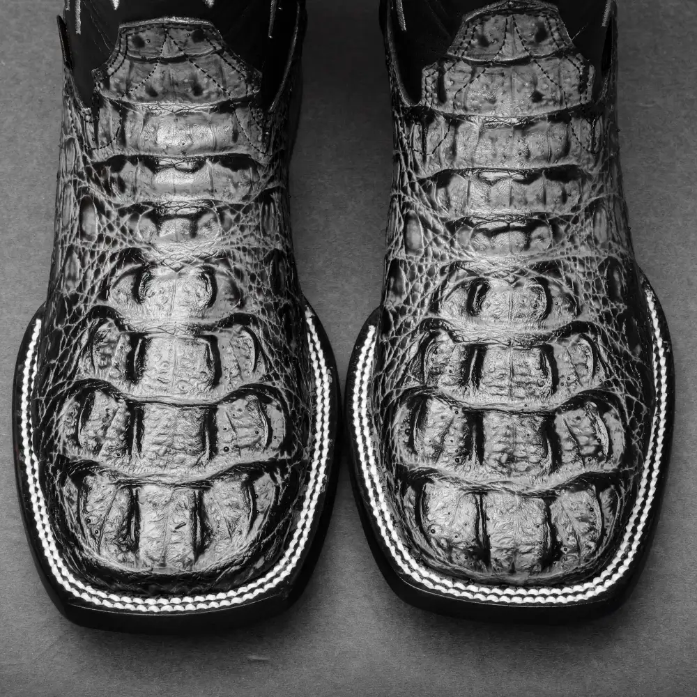 Grey Caiman Neck Leather Boots - Square Toe