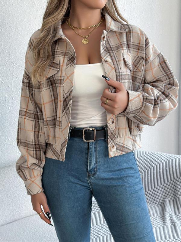 Women's Plaid Button Front Drop Shoulder Jacket
