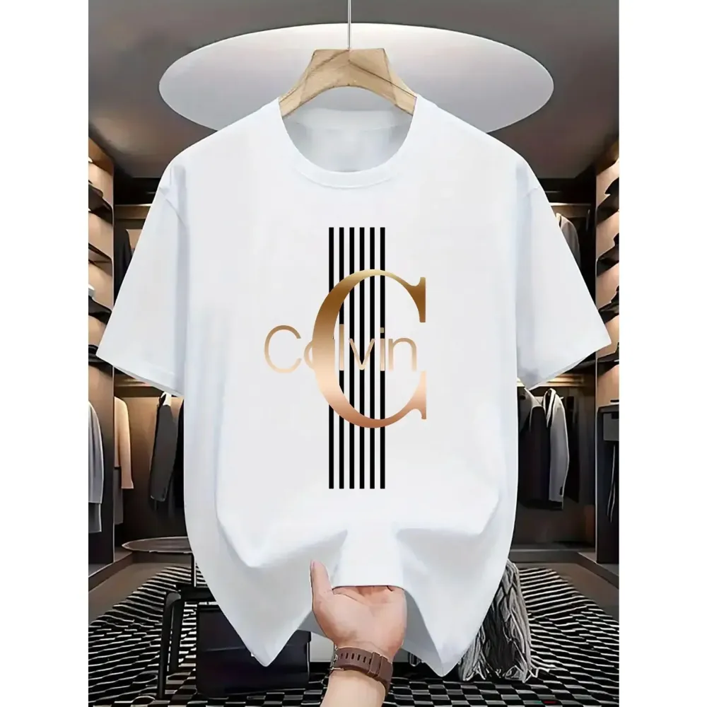 Men'S Casual Calvin Graphic T-Shirt - Bold Letter Print with Black Stripes & Golden Accents, Breathable Round Neck Summer Streetwear
