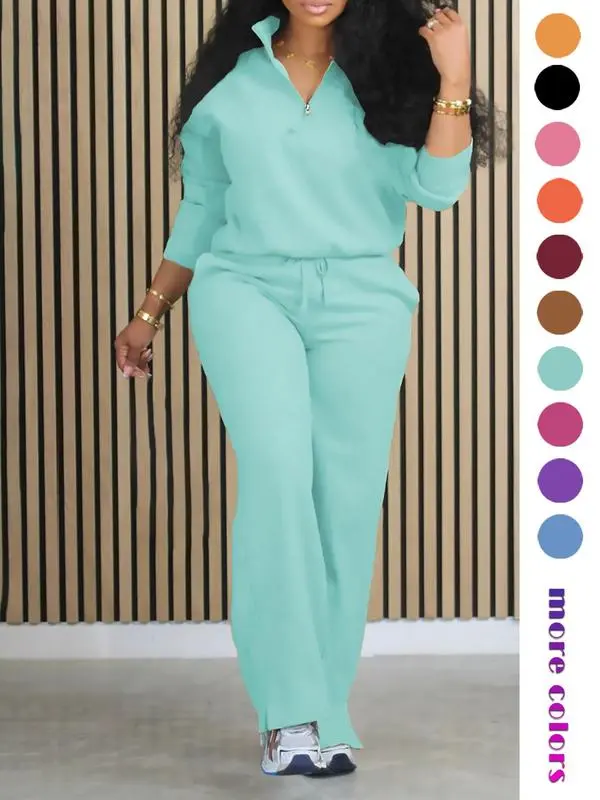 Women's Solid Half Placket Split Hem Pants Set