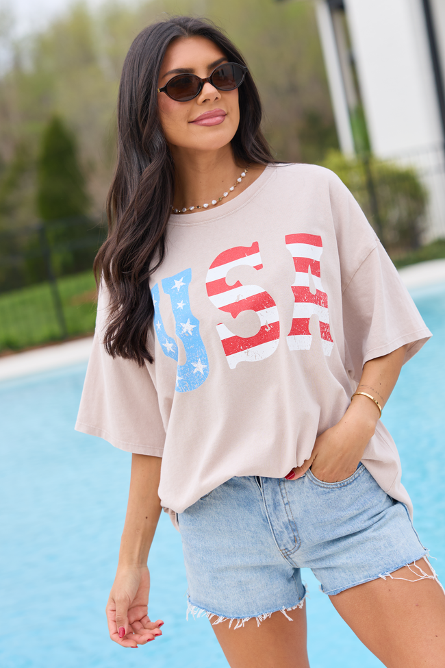 USA Taupe Oversized Graphic Tee