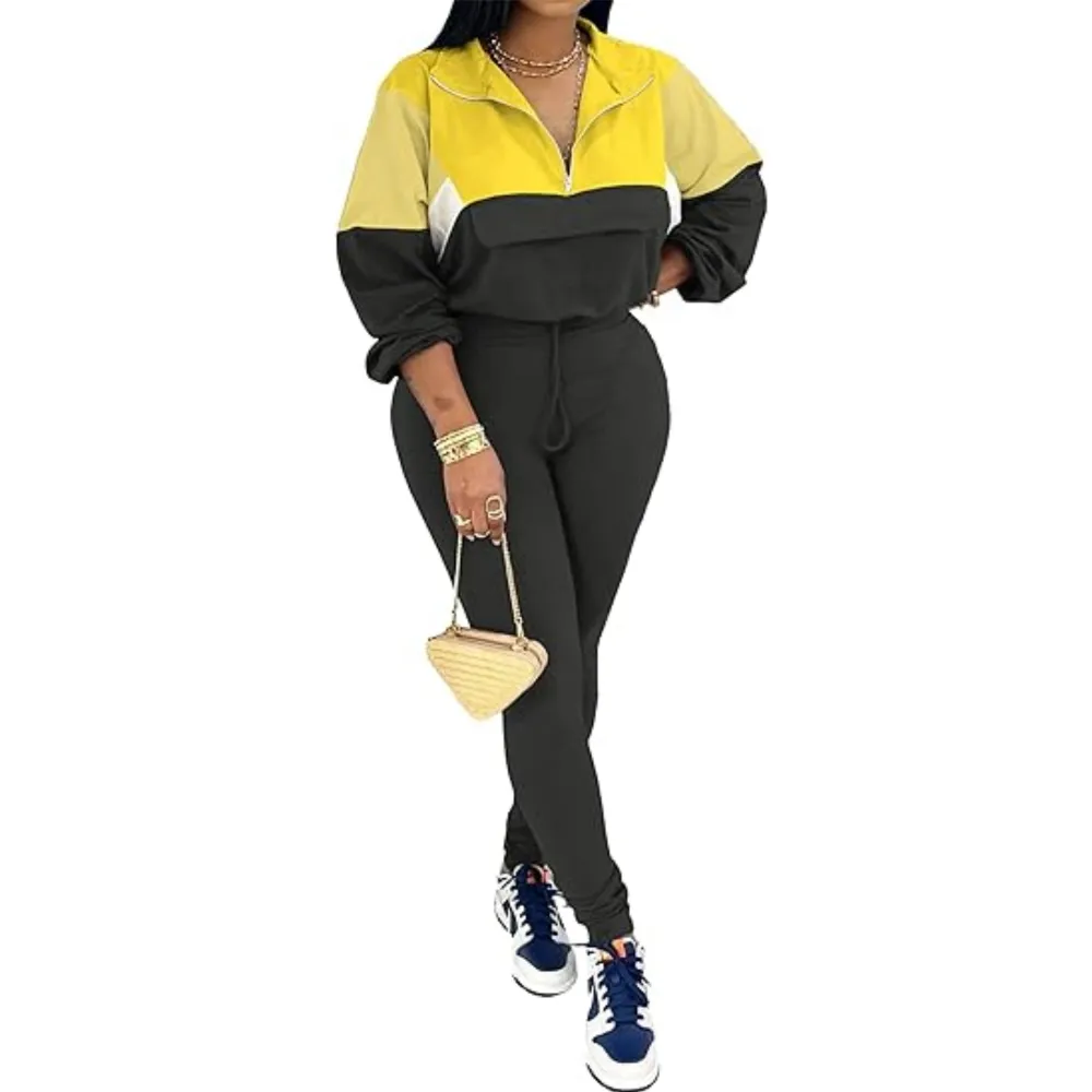 Women's Colorblock 2-Piece Knit Zip Jacket Elastic Waist Tracksuit
