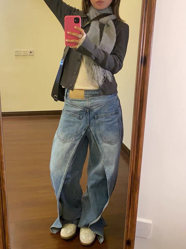 Pockets Reversible False Two Wide Leg Jean Pants Bottoms