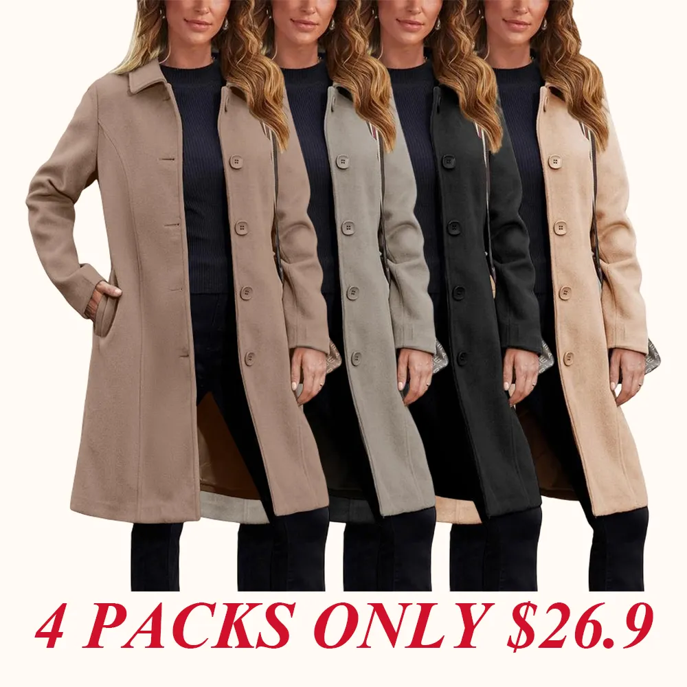 Women's Faux Wool Peacoat Single Breasted Notched Collar Trench Coat
