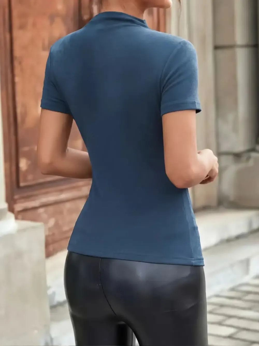 Women's Slim Fit Ruched Asymmetrical Top, High Neck Short Sleeve Knit T-Shirt, Casual Plain Design