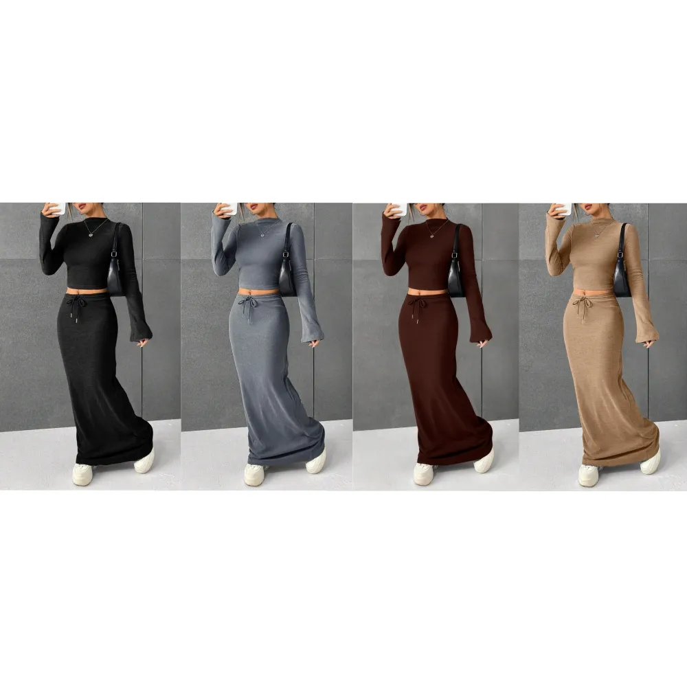 Women's Solid Flounce Sleeve Crop Tee & Skirt Two-piece Set