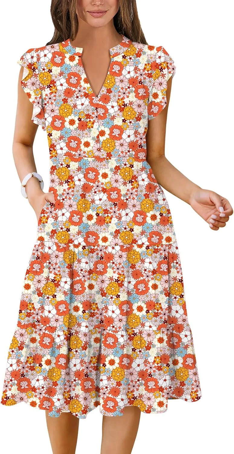 Women's Ruffle Sleeve V-Neck Tiered Midi Dress