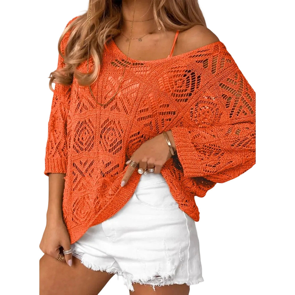 ✨ Women’s Crochet Hollow-Out Off-Shoulder Top – Lightweight 3/4 Sleeve Summer Sweater