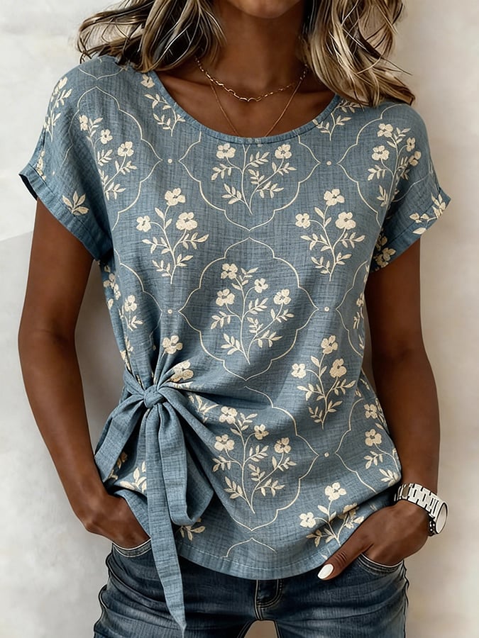 Women's Casual Round-Neck Printed Cotton-Linen Top