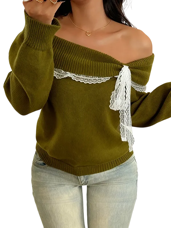Women's off-shoulder lace bow sweater