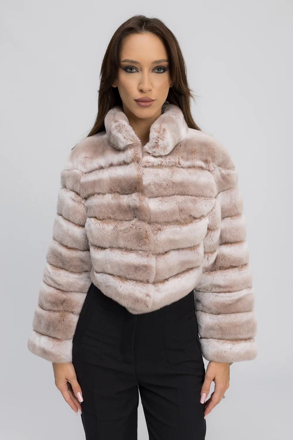 Haină din Blană Naturală de Rex Chinchilla, cu Guler Tunică, Femei, Cappuccino Mist 464