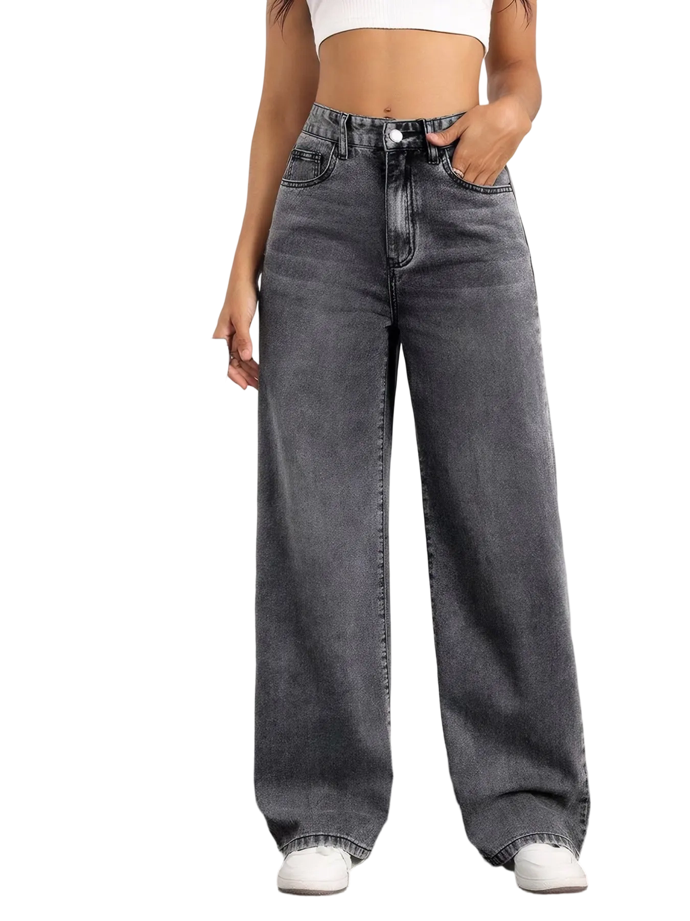Women’s Elastic Waist Stacked Denim Jeans – Button Front, Pockets, High-Waisted Casual Straight Leg Pants