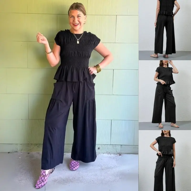 Casual Boho Matching Set Smocked Top & Wide-Leg Pants