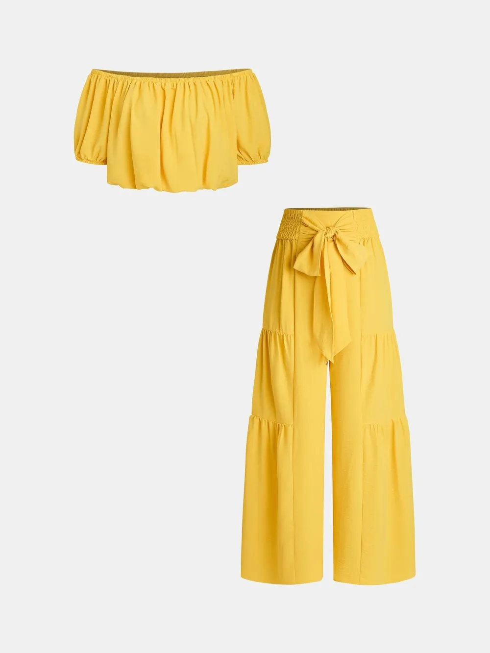 Women's Solid Color Top & Wide Leg Pants Set, Casual Off Shoulder Top & Palazzo Pants for Summer