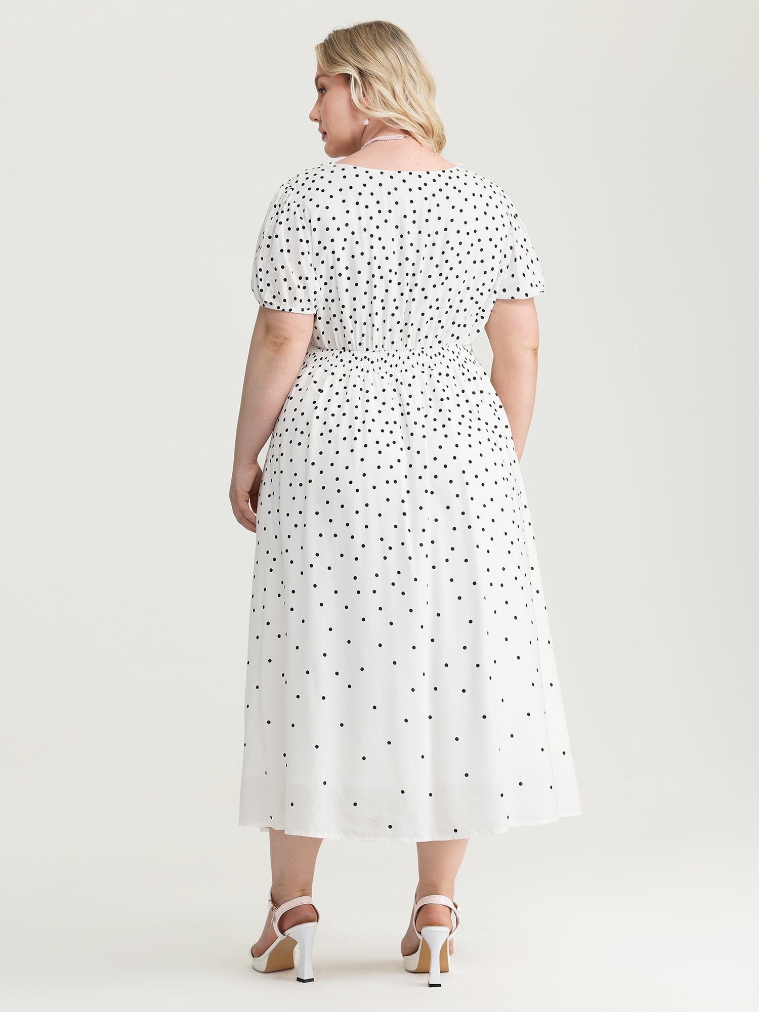 Polka Dot Charm Cinched-Waist Shirred Midi Dress