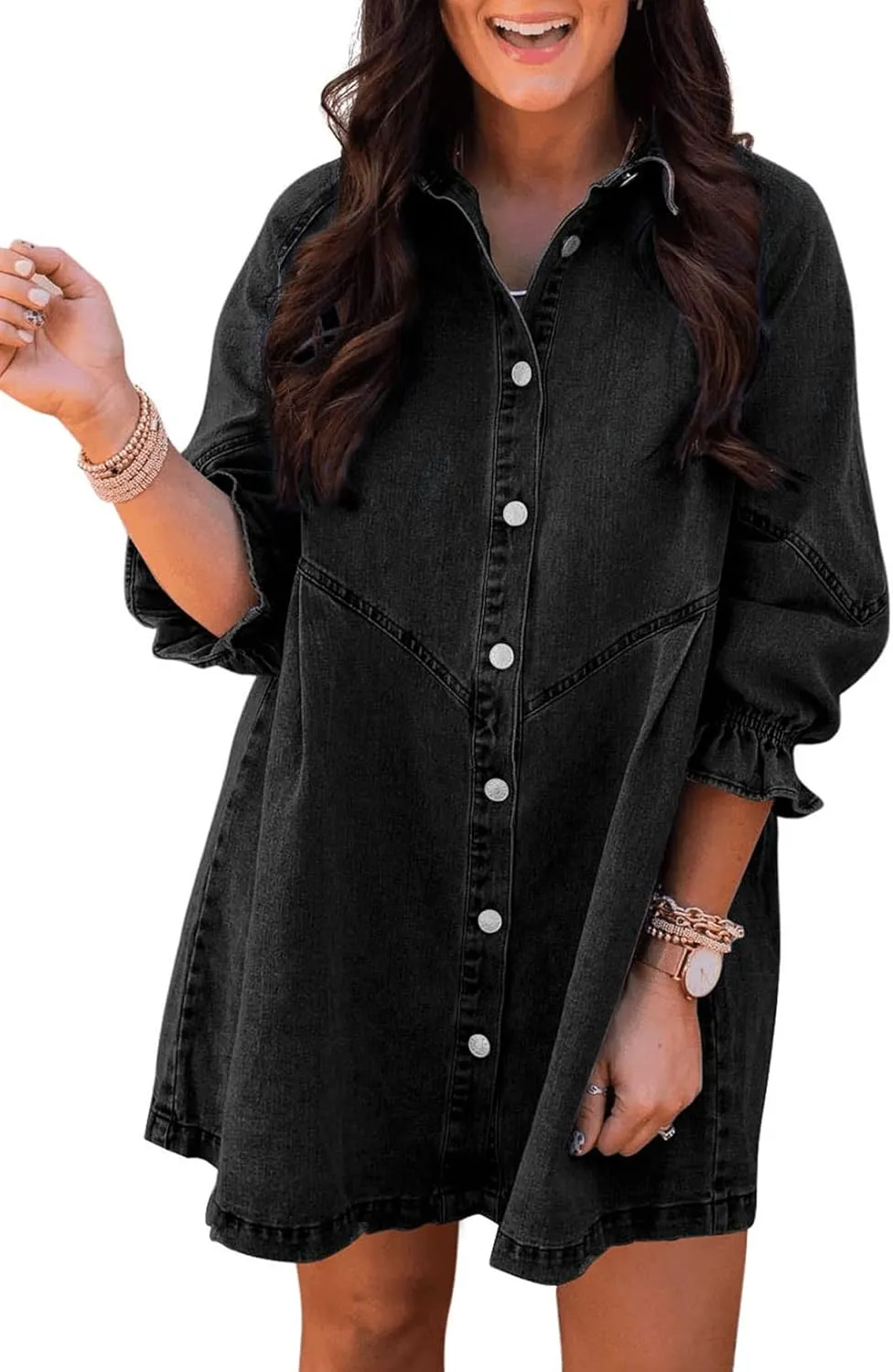 Washed Denim Puff Sleeve Mini Dress – Short-Length Collared Button Down with Ruffle Hem & Matte Silver Buttons