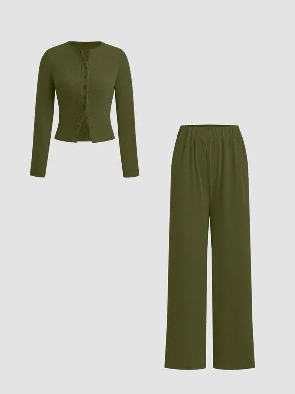 Two-piece Set Women's Solid Button Front Ribbed Crop Top & Elastic Waist Pants