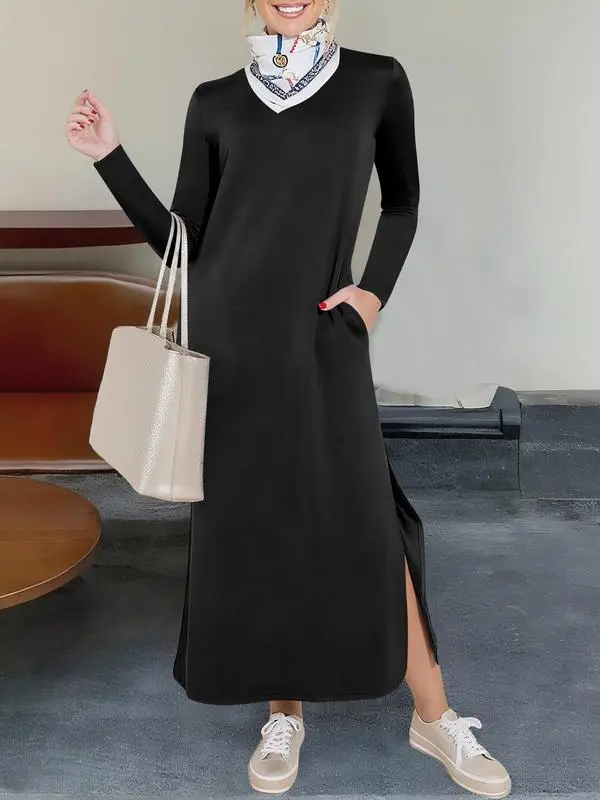 Women Long Sleeve Dresses 2026 Fall Casual Crewneck Loose Fit Split Flowy Wrinkle-Free Travel Vacation Maxi Dress