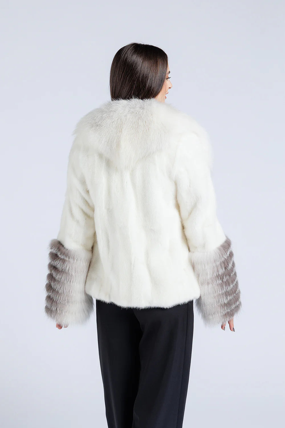 Haină din Blană Naturală de Vizon, cu Guler și Manșete din Blană Naturală de Vulpe, Femei, Imperial White 207