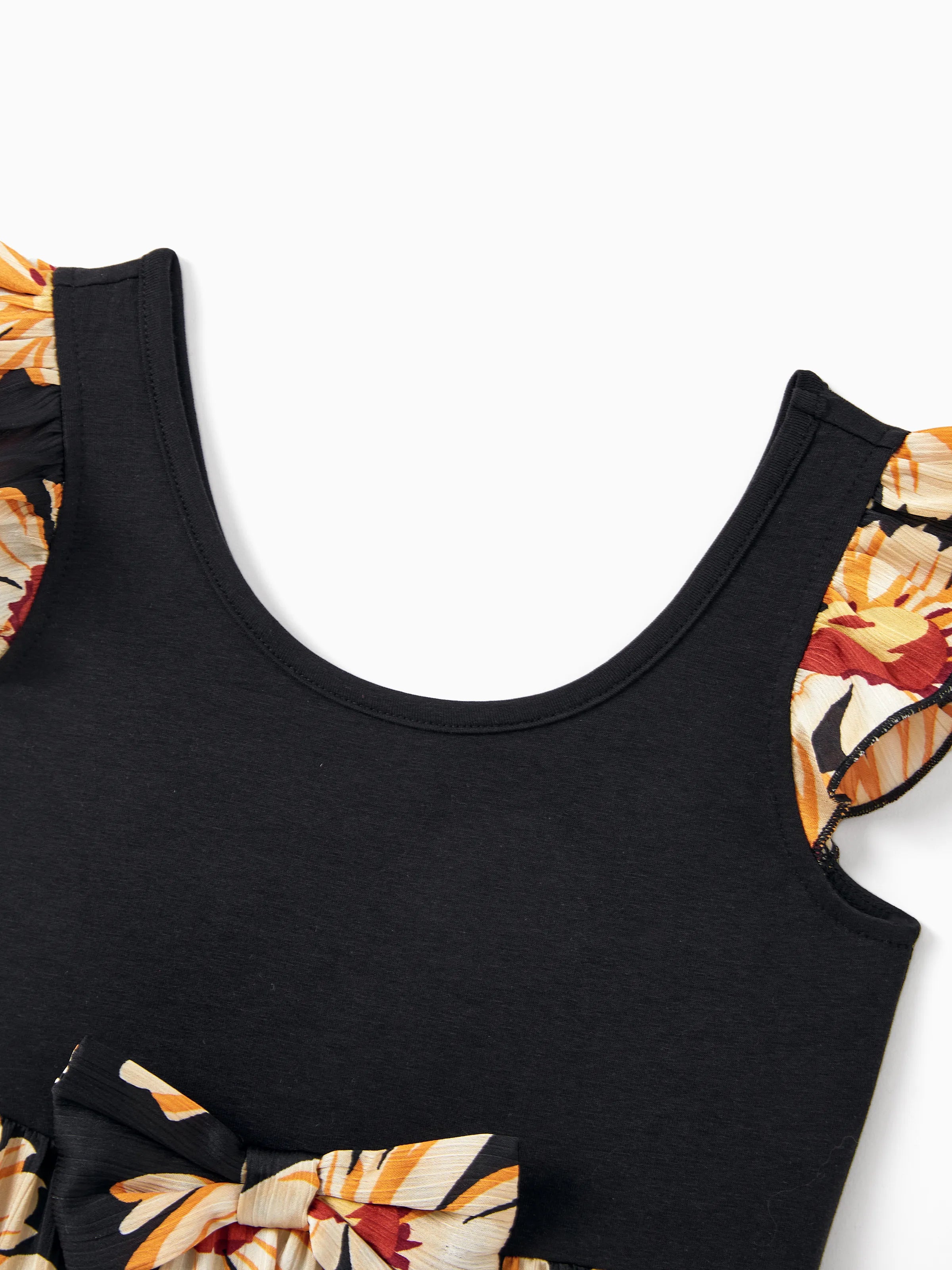 Family Matching Set Floral Sleeveless Strappy Dress or Colorblock Short-sleeve T-shirt  Black