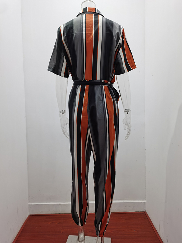 Split-Joint Striped Tied Waist Loose Plus Size Lapel Jumpsuits