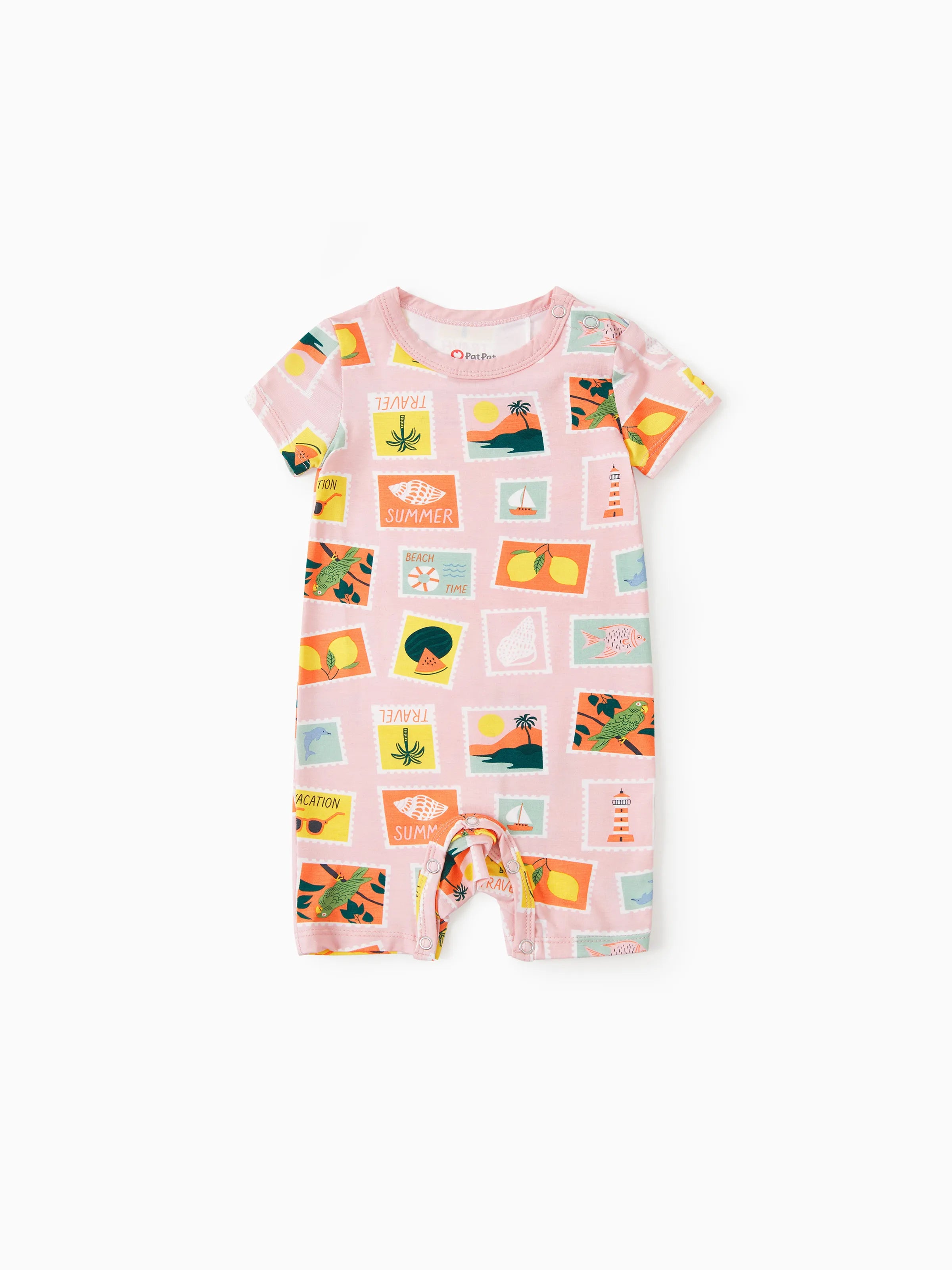 Bamboo Family Pajamas Vacation Theme Print Short-sleeve Matching Pajama set (Snug-Fitting for Children) Color block