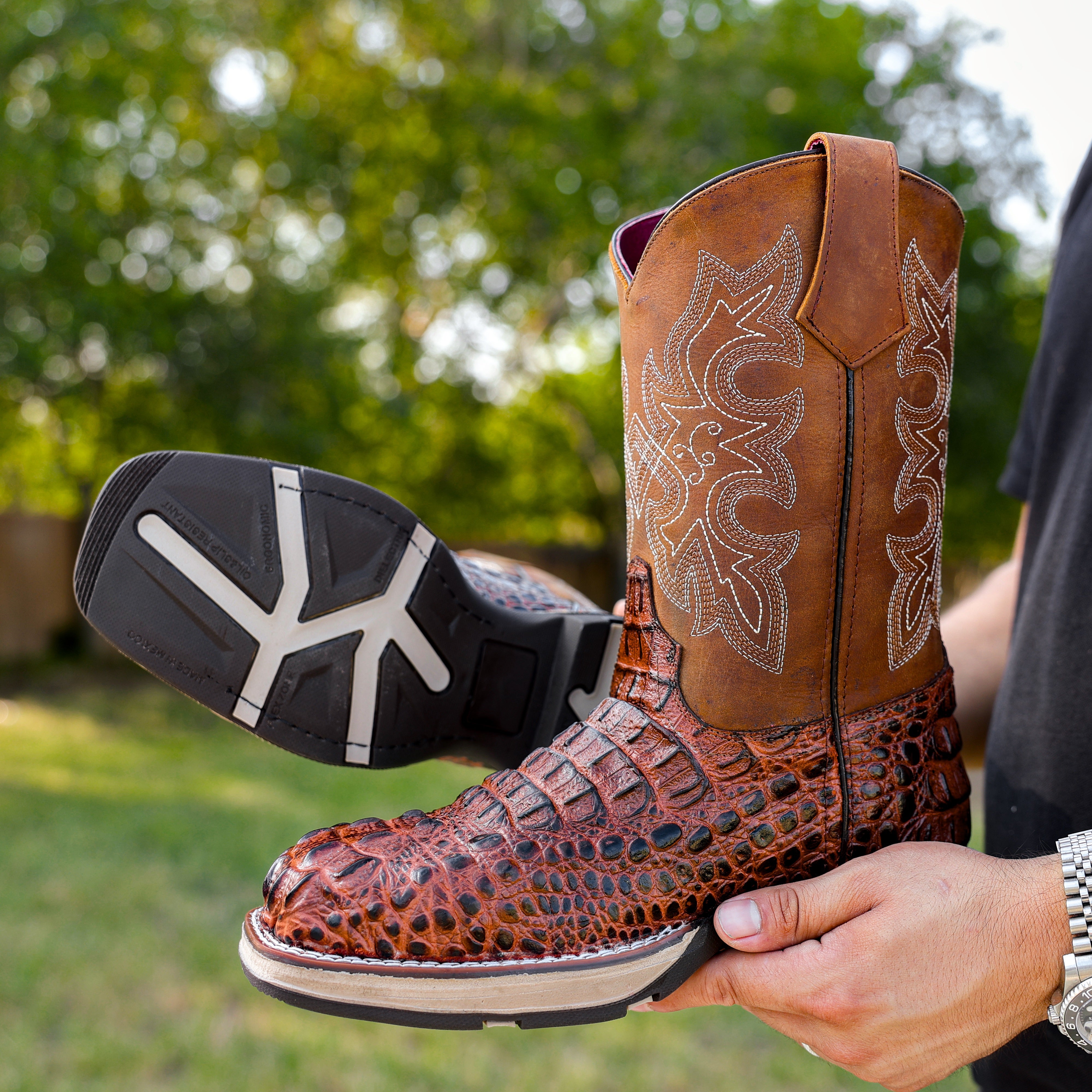 Cognac Caiman Neck Leather Boots With 3D Lightweight Sole - Composite Toe