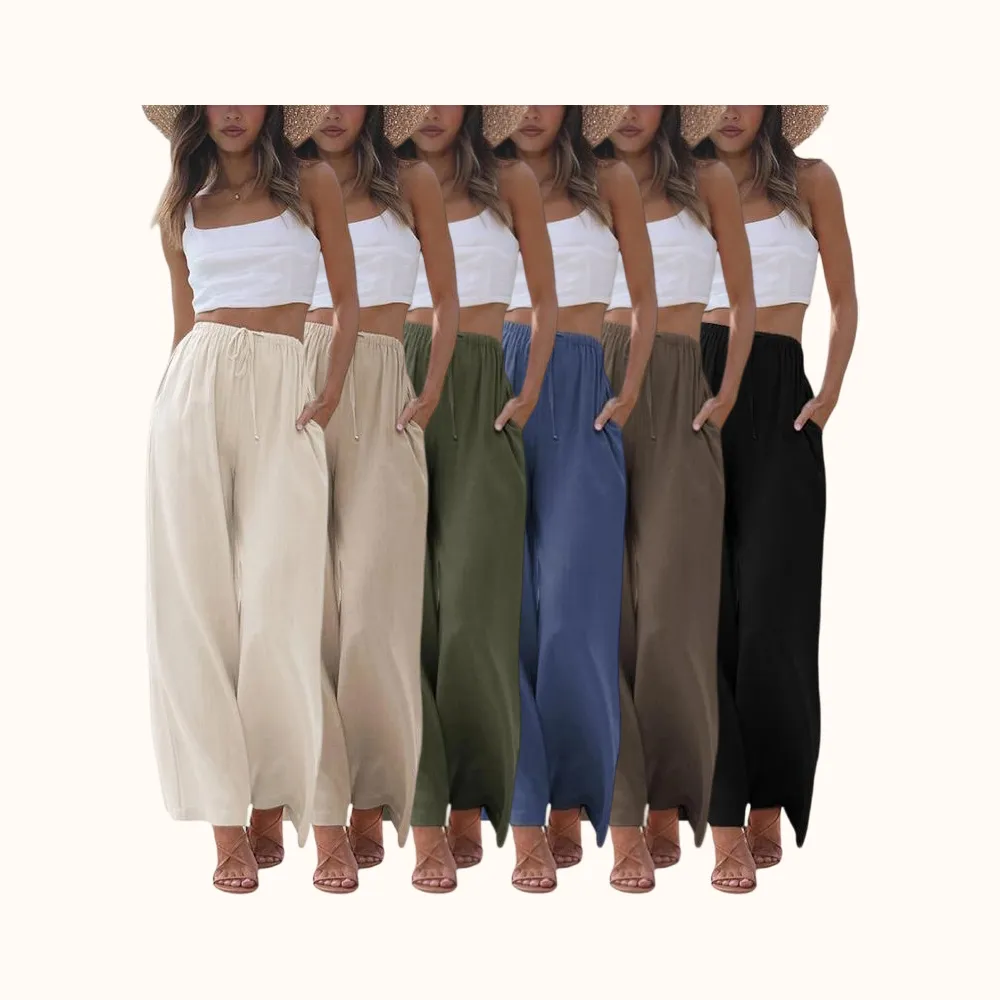 Women's Cotton Linen Summer Palazzo Pants Flowy Wide Leg Beach Trousers with Pockets Casual Womenswear