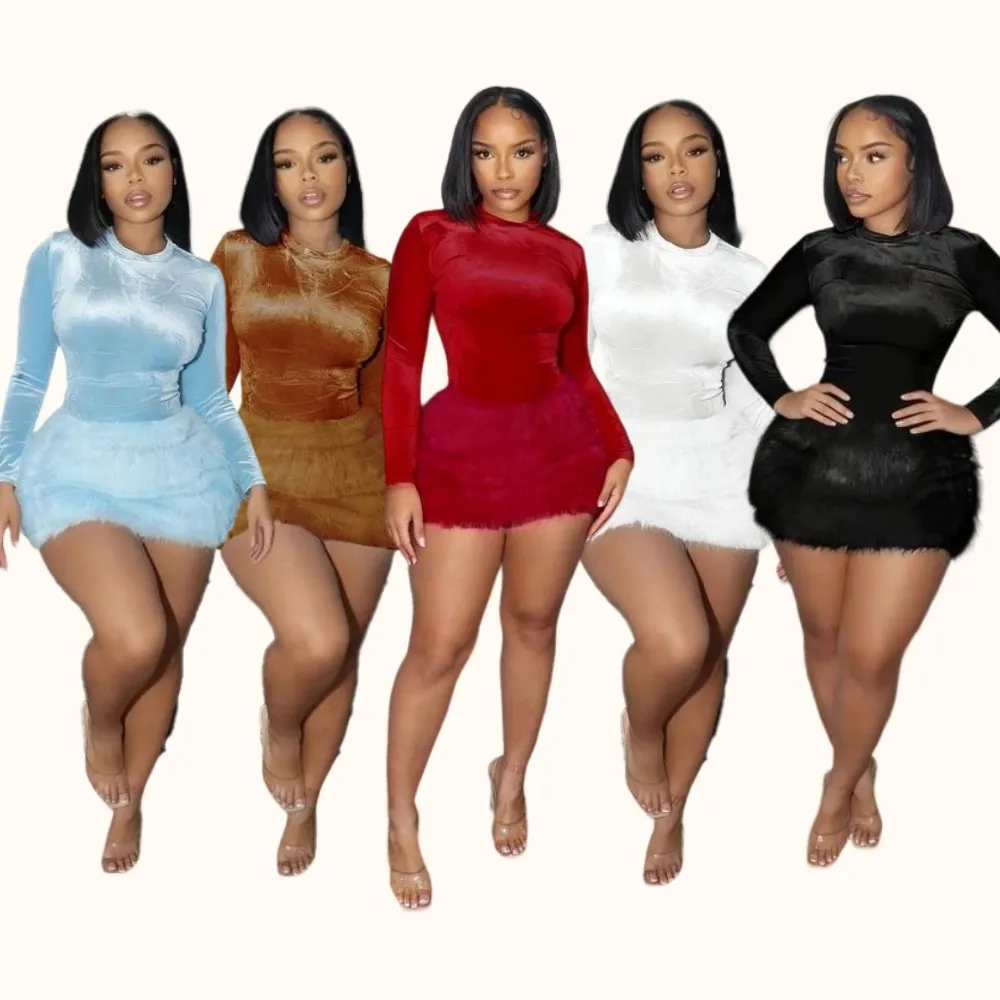 Women's Fashionable Autumn Winter Sexy Slim-Fit Jumpsuit Set, Plush Short Skirt Two-Piece, Stylish & Versatile Design