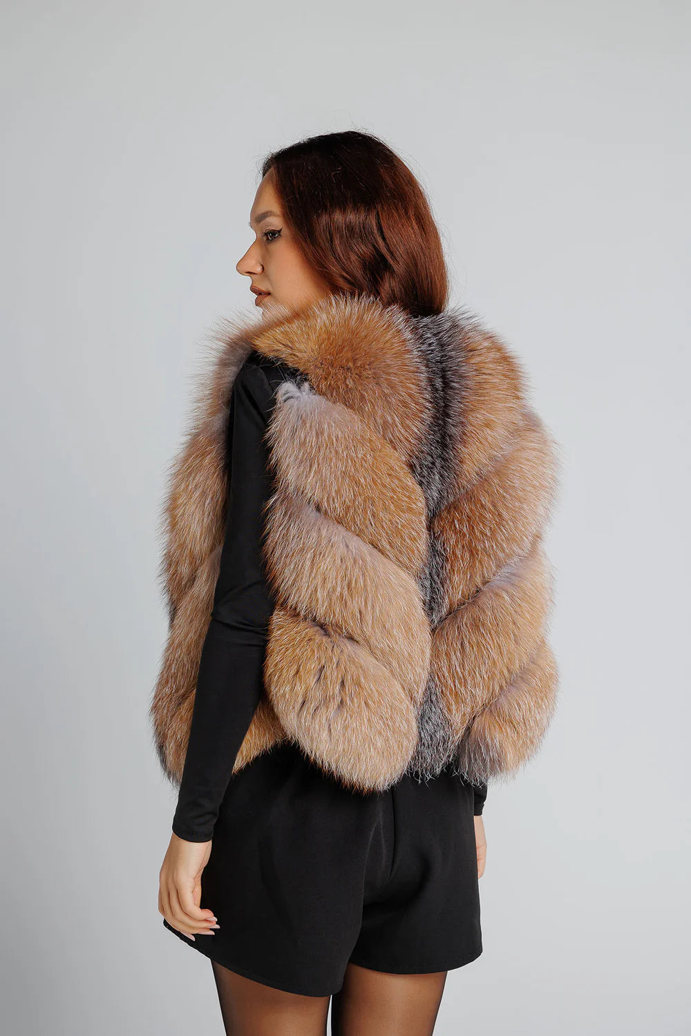 Haină din Blană Naturală de Vulpe Argintie, V Model, Transformabilă, Femei, Brown Frost 350