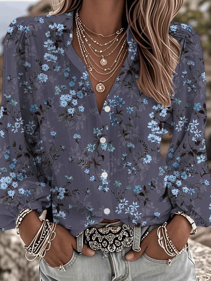 Women's Vintage Western Floral Print Lapel Shirt