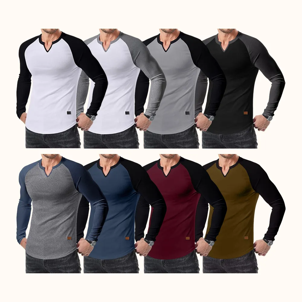 Mens Long Sleeve Muscle T Shirts Casual V-Neck Longline Ribbed Tee Shirts