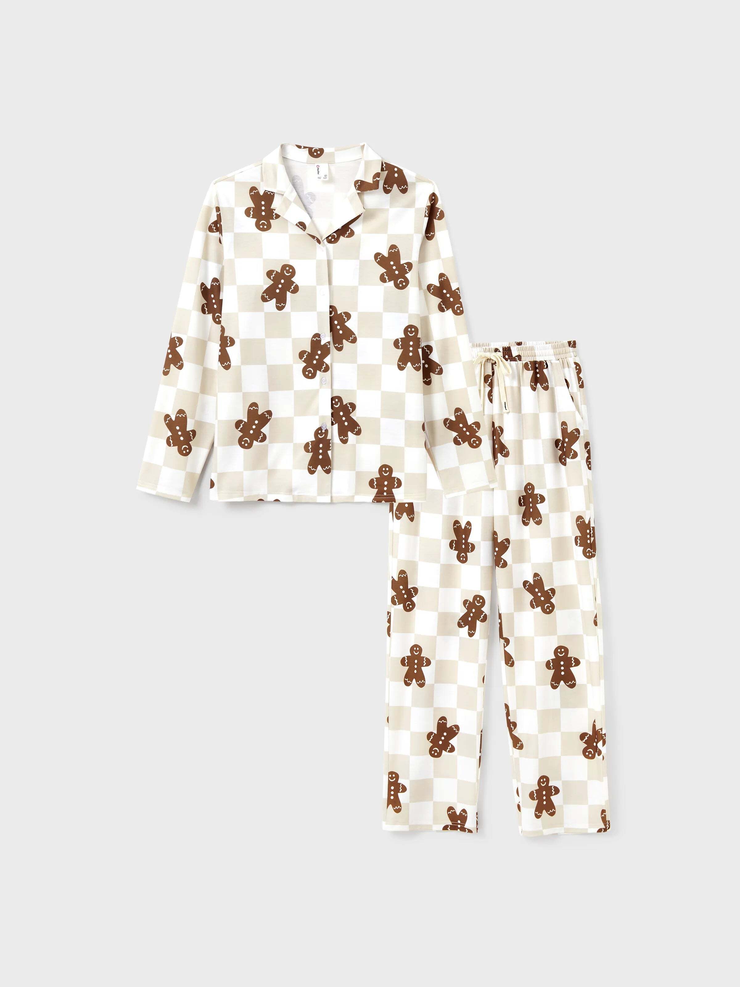Christmas Matching Family Pajamas Set Block checkered Gingerbread Print PJS with Christmas Socks Khaki