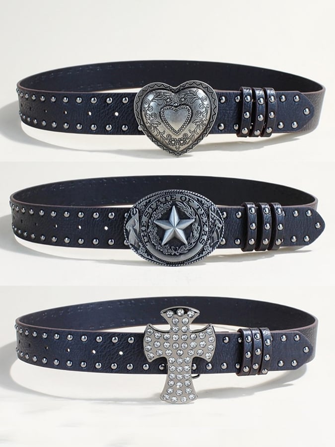 Diamond Cross Punk Heart Large Plate Buckle Rivet Belt