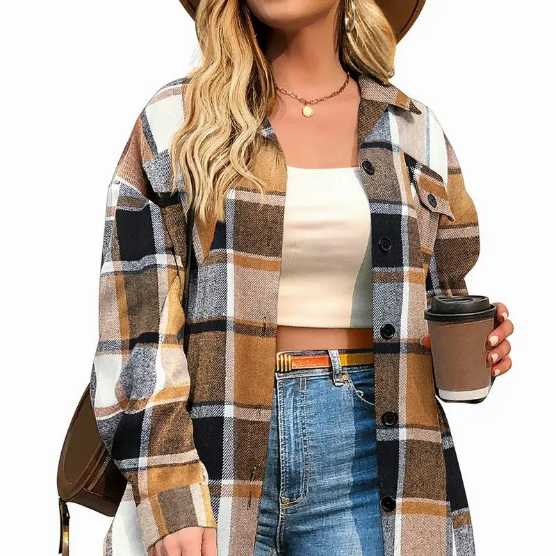 Womens Plus Size Shacket Jacket Flannel Plaid Long Sleeve